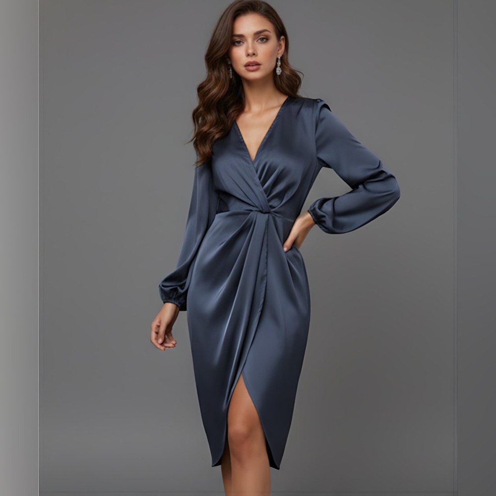 Navy Blue Satin Lantern Sleeve Wrap Hem Dress - Picture 3 of 5